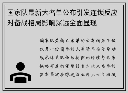 国家队最新大名单公布引发连锁反应对备战格局影响深远全面显现