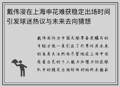 戴伟浚在上海申花难获稳定出场时间引发球迷热议与未来去向猜想